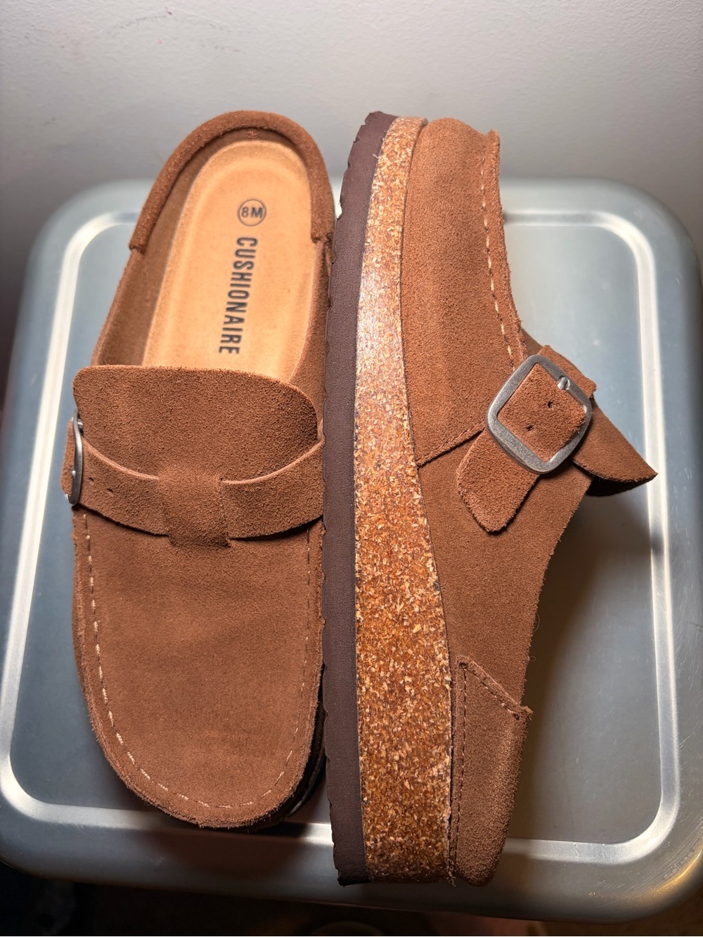 Cushionaire Women's Suede Buckle Clog Mule in Brown